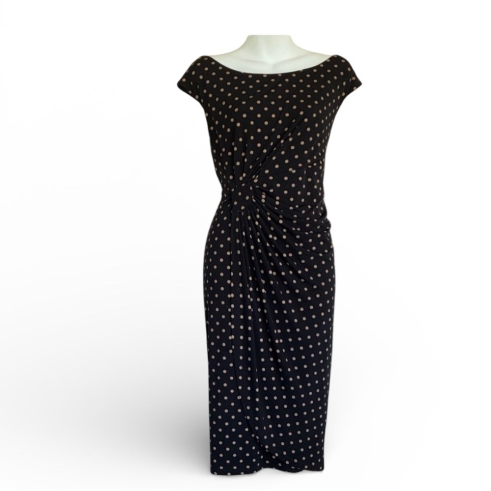 Connected dress women 14 Black Polka Dot, sleeveless, ruched side, faux wrap euc